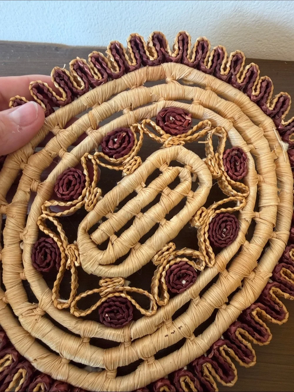 Handwoven Straw Trivet with Maroon Accents